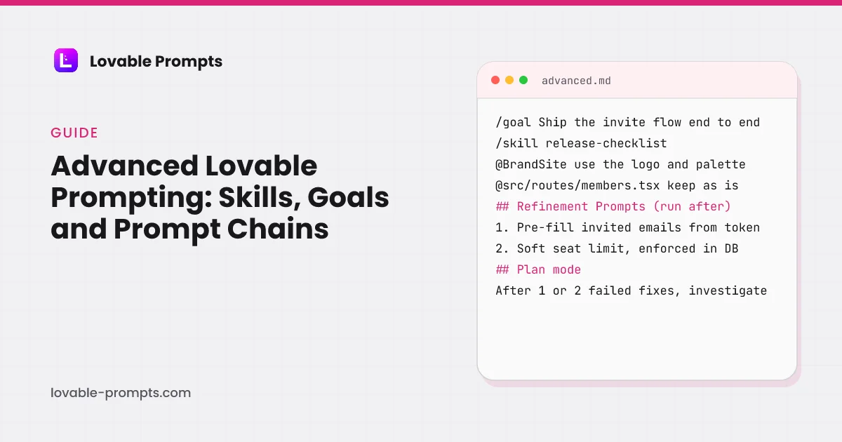 Advanced Lovable prompting hero: the guide title beside a card showing a /goal command, a /skill command, an @project reference, an @file reference, two refinement prompts and a Plan mode rule