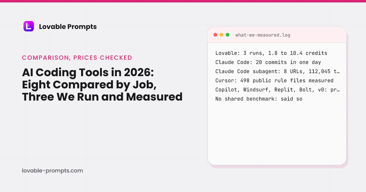 AI coding tools hero: the guide title beside a log card listing what was measured, Lovable runs in credits, one day of Claude Code, a subagent run, 498 Cursor rule files, and prices only for the rest