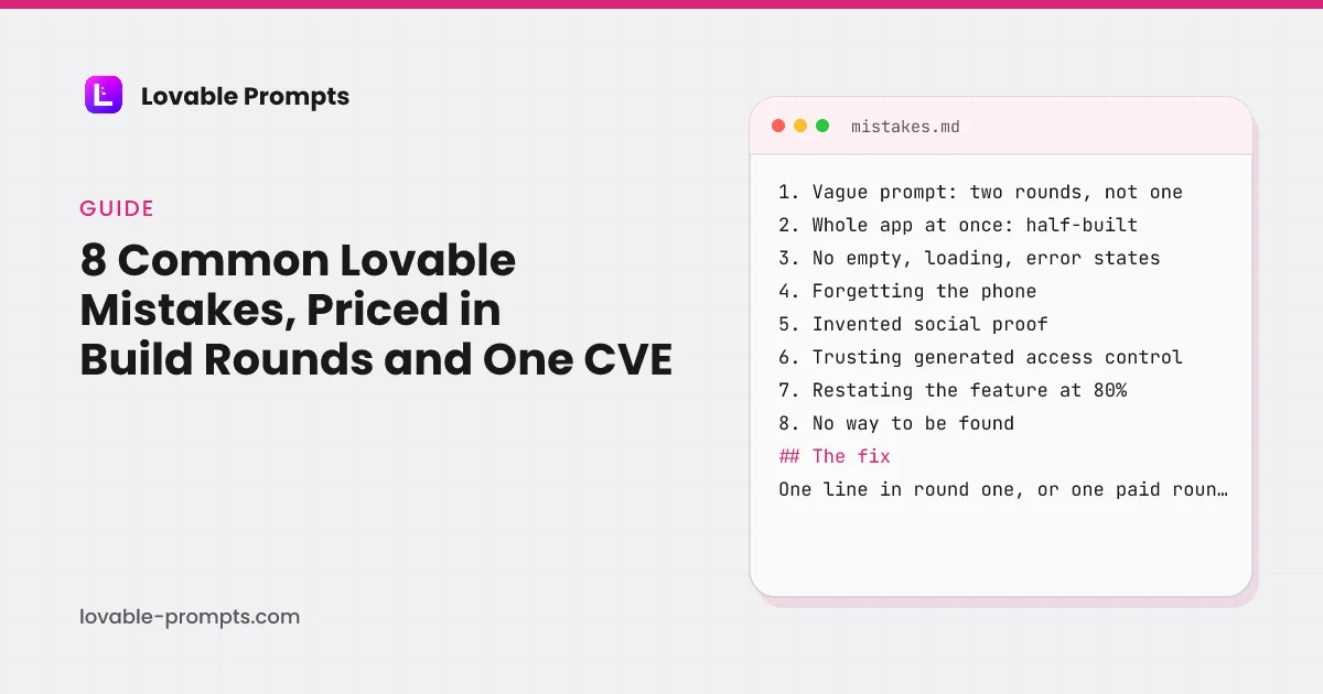 Common Lovable mistakes hero: the guide title beside a card listing the eight mistakes from vague prompts to no way to be found, with the one-line fix
