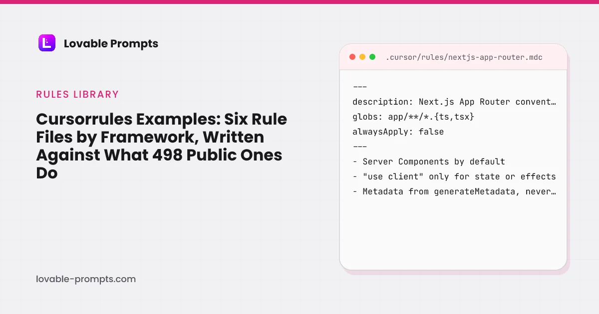 Cursorrules examples hero: the guide title beside a rule card showing a Next.js App Router .mdc file with description, globs and alwaysApply frontmatter and three rules