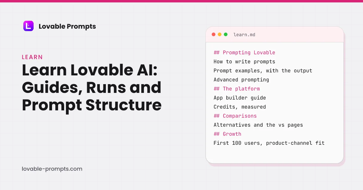 Learn Lovable AI hero: the hub title beside a card listing the four guide groups, prompting, the platform, comparisons and growth, with the guides in each