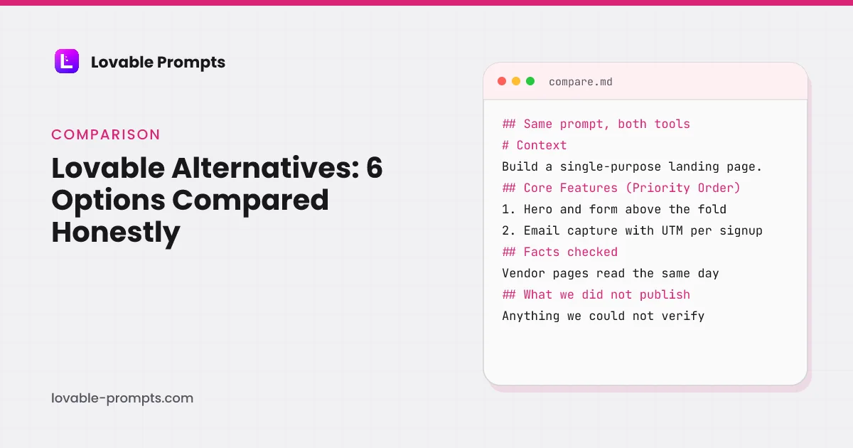 Lovable alternatives hero: the page title beside a card noting the same prompt, both tools, facts checked on vendor pages the same day, and what was not published