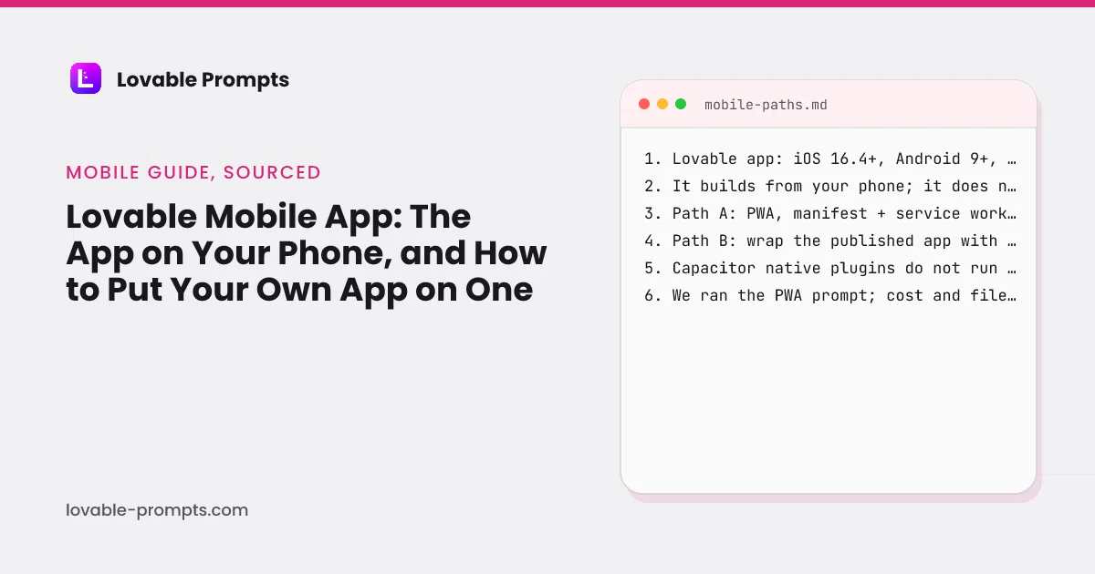 Lovable mobile app hero: the guide title beside a checklist card, the Lovable app needs iOS 16.4 or Android 9 and shares credits, it builds from your phone but does not ship native, path A is a PWA with manifest, service worker and Add to Home Screen, path B wraps the published app with Capacitor, Capacitor native plugins do not run in Lovable, we ran the PWA prompt