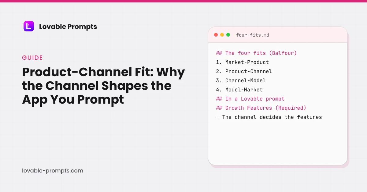 Product-channel fit hero: the guide title beside a card listing Balfour's four fits, market-product, product-channel, channel-model and model-market, and the Growth Features section of a library prompt