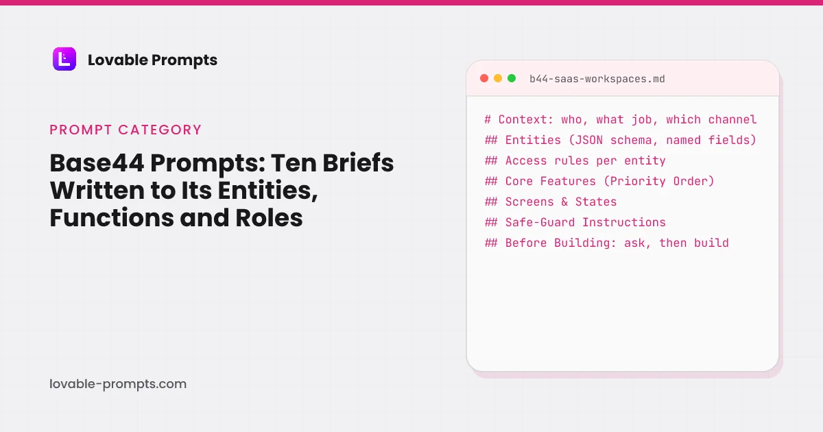 Base44 prompts page hero: the title beside a brief card showing the skeleton with an Entities section of JSON-schema fields, access rules per entity, core features, screens and states, safeguards and a closing ask-then-build line
