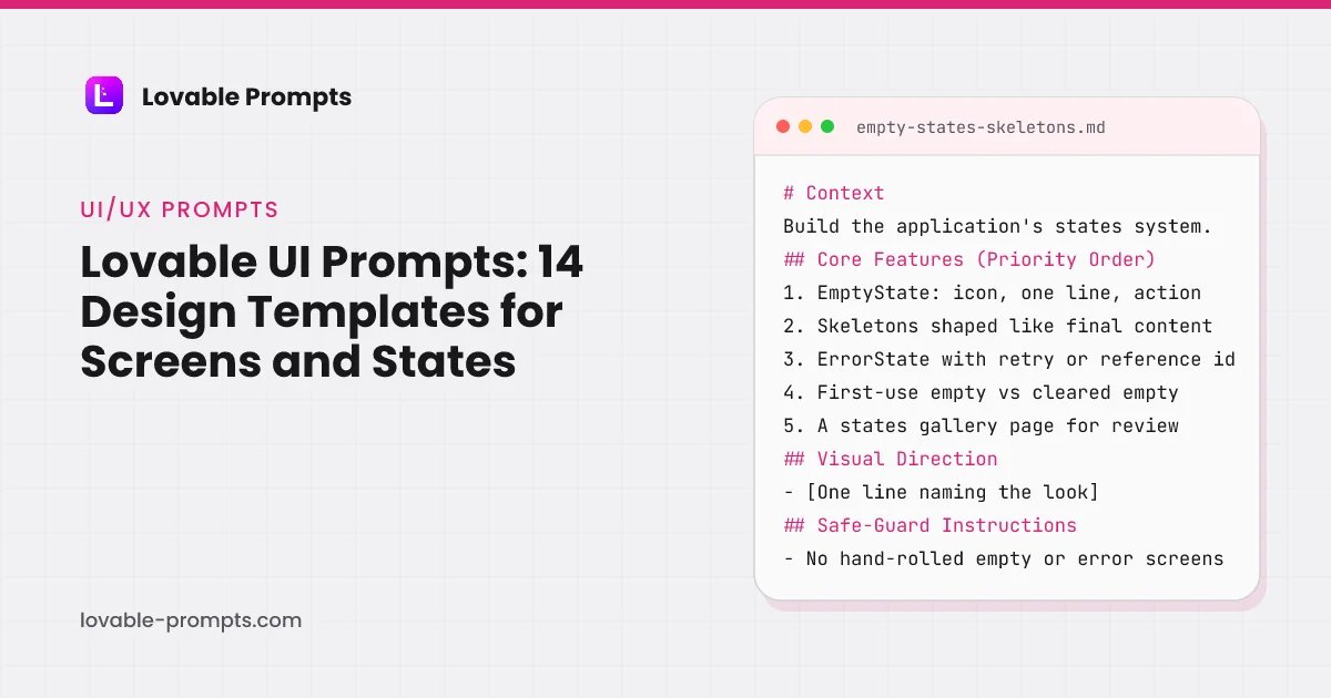 Lovable UI prompts page hero: the title beside a prompt card showing the Context, Core Features, Visual Direction and Safe-Guard sections of the Empty States and Loading Skeletons prompt