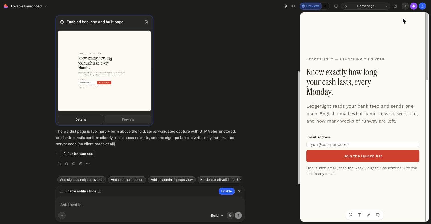 The Lovable editor after a completed build: the chat panel on the left shows the prompt and Lovable's summary of what it built, the live preview on the right shows the generated landing page