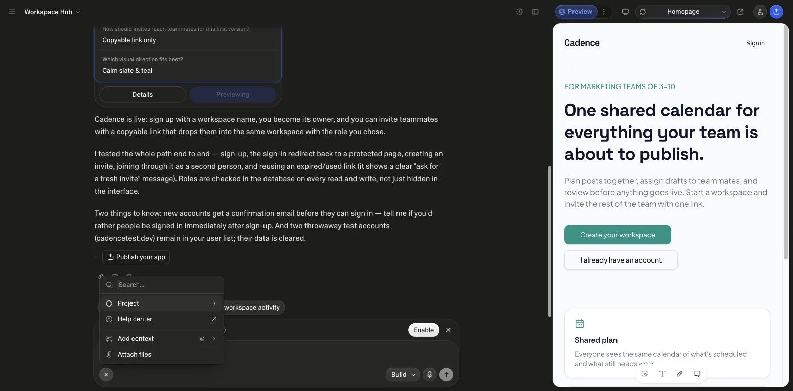 The Chat actions menu opened from the plus button in the Lovable chat: a search field, then Project, Help center, Add context with an @ shortcut, and Attach files