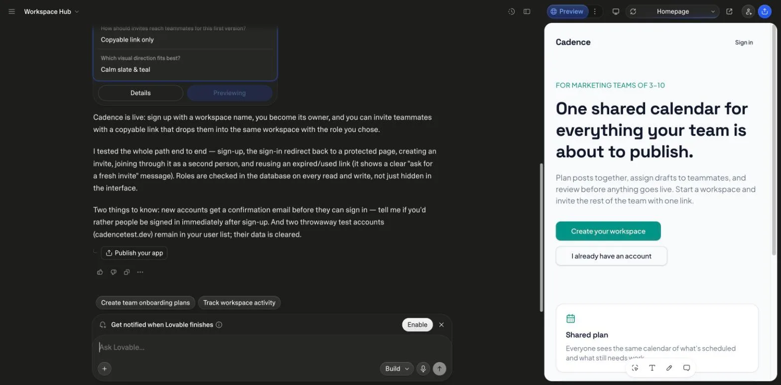The Lovable editor after a completed build: the chat panel on the left shows the answered questions and Lovable's completion report for a SaaS app called Cadence, the preview on the right shows the generated landing page with a Create your workspace button, and the top bar shows History, layout, Preview, Homepage route, open-in-new-tab and Publish controls