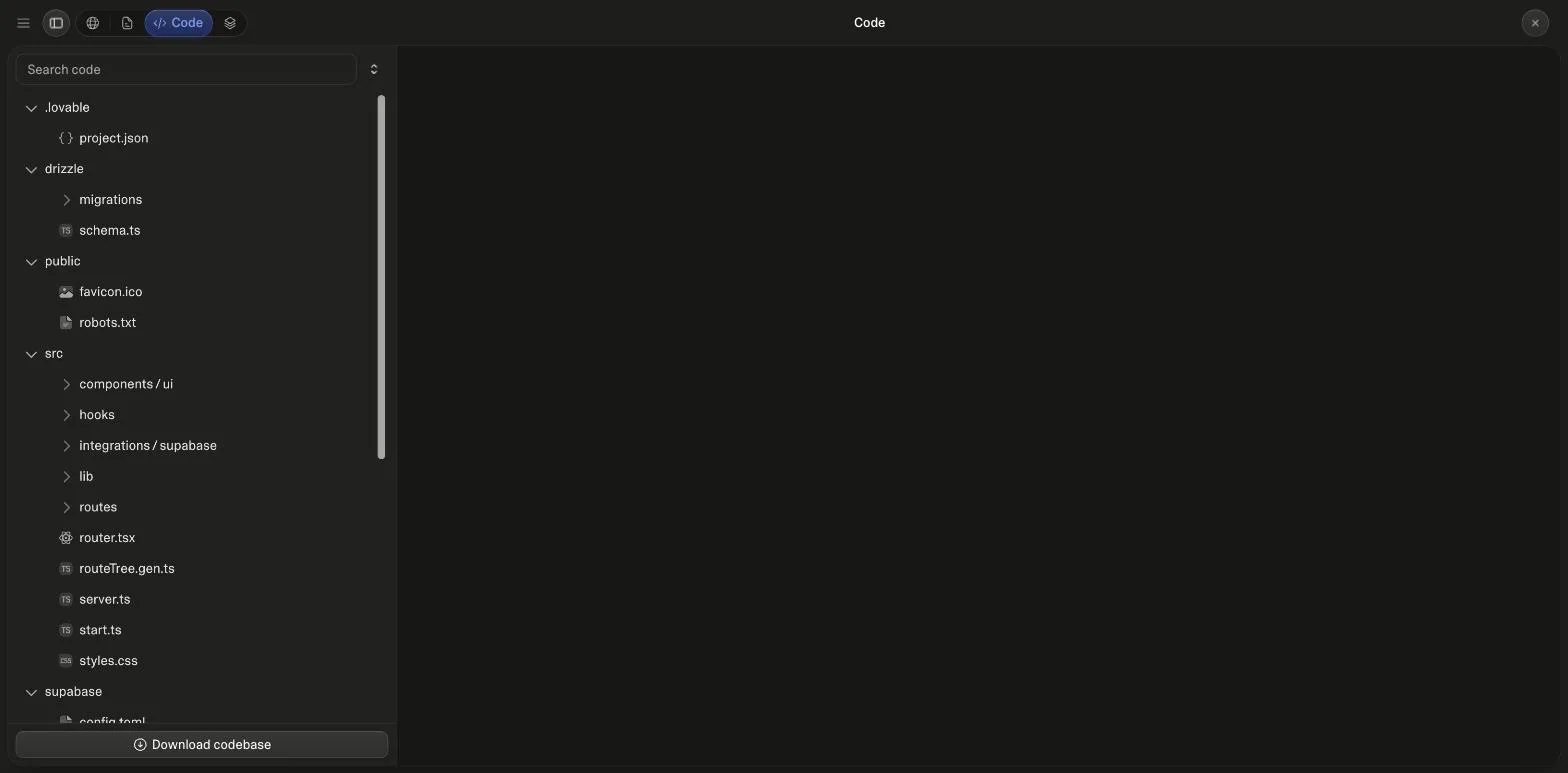 The Lovable code view for the generated SaaS project: a file tree with .lovable, drizzle migrations and schema, public, src with components, hooks, integrations/supabase, lib, routes, router, routeTree, server and start files, a supabase folder, and a Download codebase button