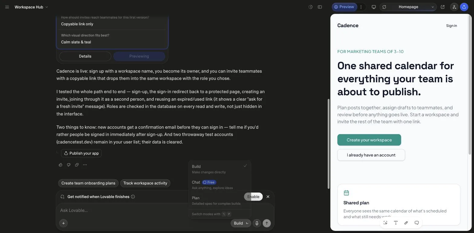 The Lovable chat mode picker open above the input: Build, make changes directly, ticked; Chat, marked Free, ask anything, explore ideas; Plan, detailed spec for complex builds; and a hint to switch modes with a keyboard shortcut