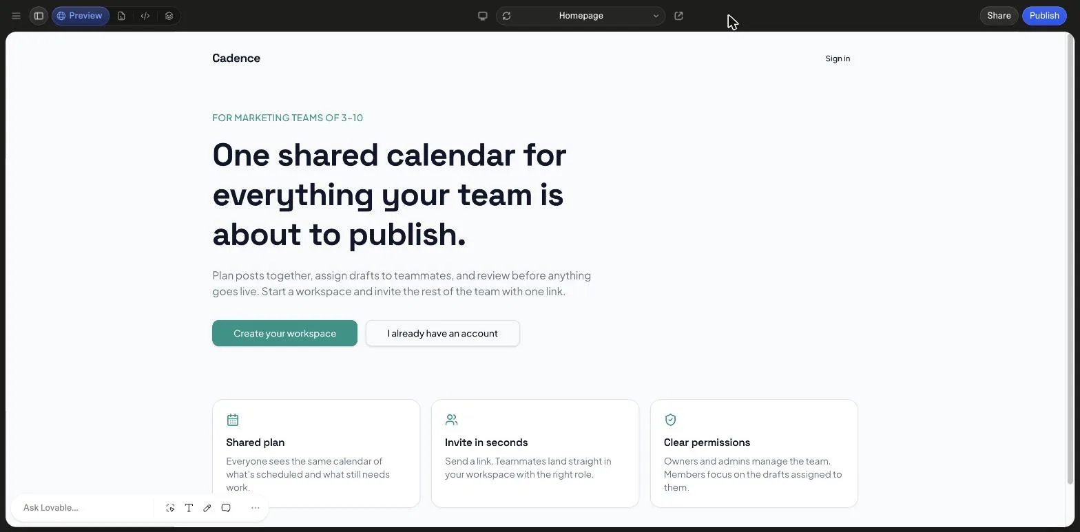 The Lovable preview in full-width layout showing the generated Cadence landing page, with the preview toolbar at the bottom left: an Ask Lovable field and icons for select element, edit text, draw and comment, and Share and Publish buttons at the top right