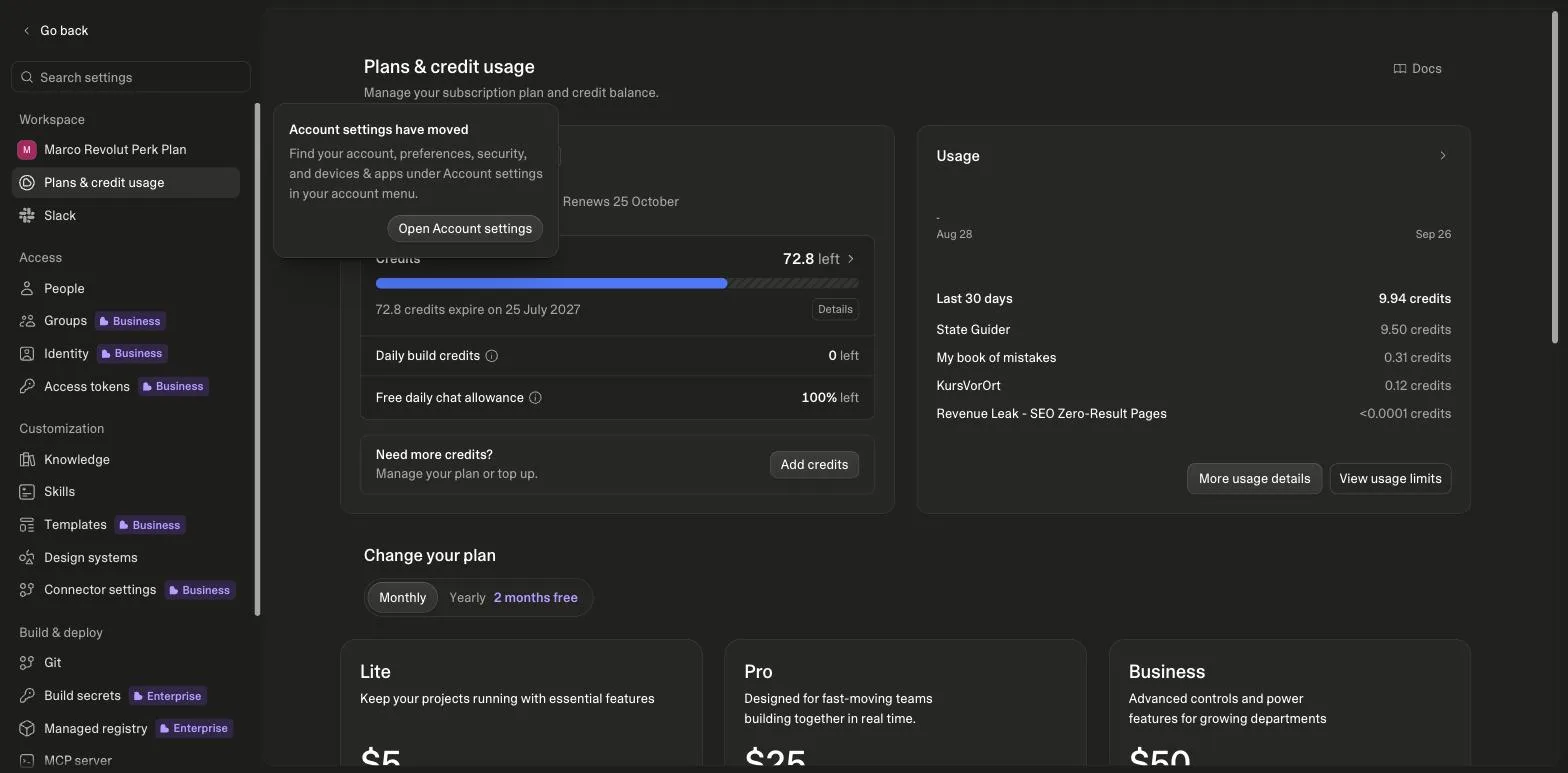 Lovable plans and credit usage page after the run: 72.8 credits left, daily build credits 0 left, and a usage list showing the State Guider project at 9.50 credits