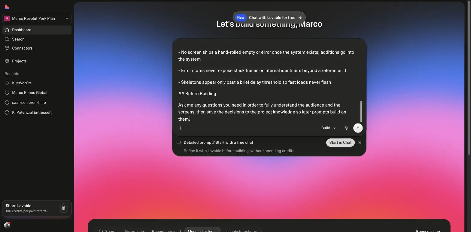 The Lovable dashboard prompt box holding a long structured prompt, with a notice under it reading Detailed prompt? Start with a free chat, Refine it with Lovable before building, without spending credits, and a Start in Chat button