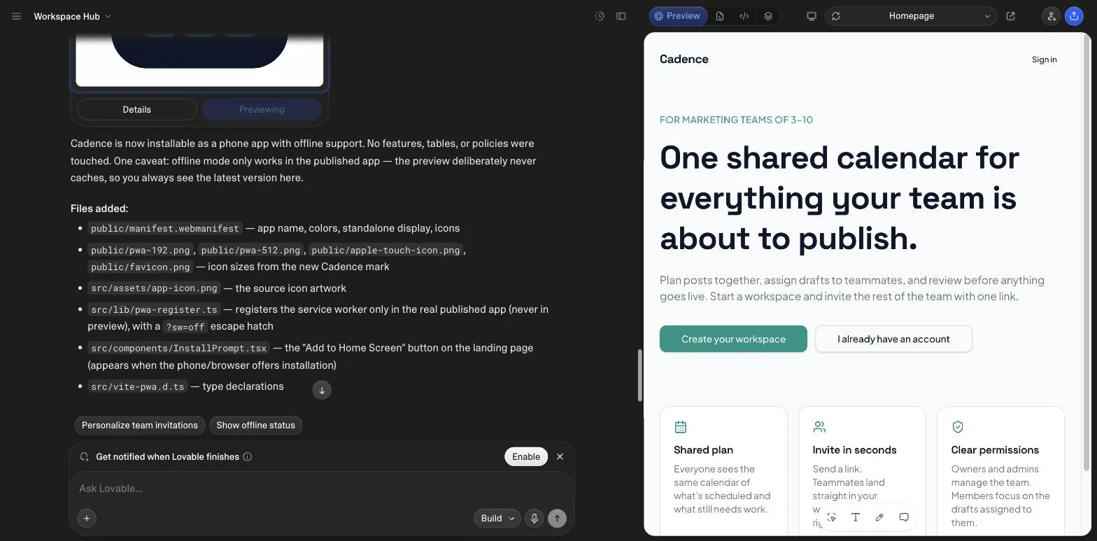 Lovable's chat after the PWA prompt on the Cadence test project, listing the files it added and changed beside the app preview
