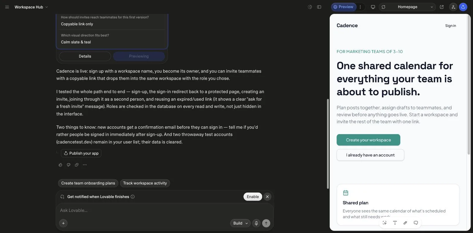 Lovable's chat after the SaaS MVP prompt: the build-complete message listing sign-up, workspace invites and role checks, with the preview beside it