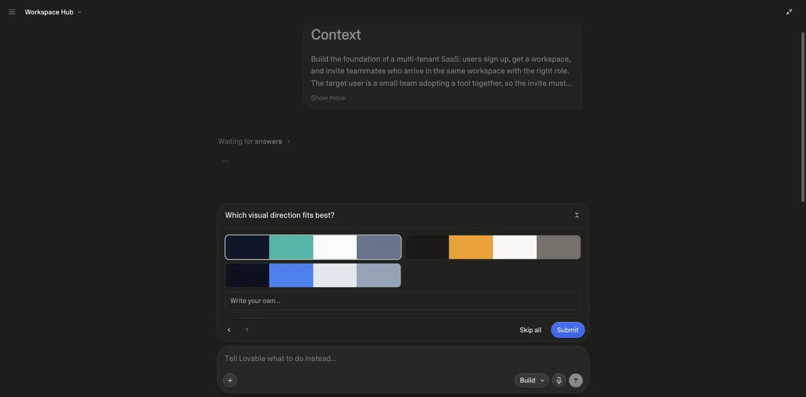 A Lovable question card in the project chat titled Which visual direction fits best, showing three colour palettes as selectable options, a Write your own field, Skip all and Submit