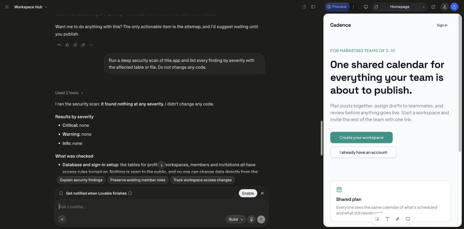 Lovable's chat answer to a deep security scan request on the unpublished SaaS project: results by severity all none, what was checked, what was not covered, and two observations about invite links