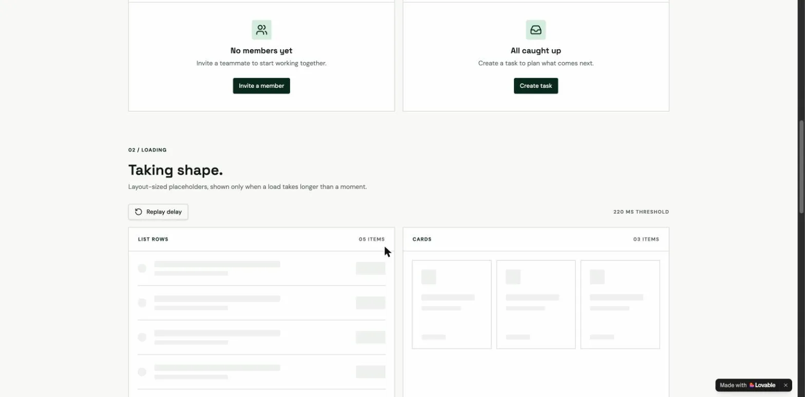 The Loading section of the generated gallery: a Replay delay control, a 220 ms threshold label, and skeleton placeholders shaped like five list rows and three cards