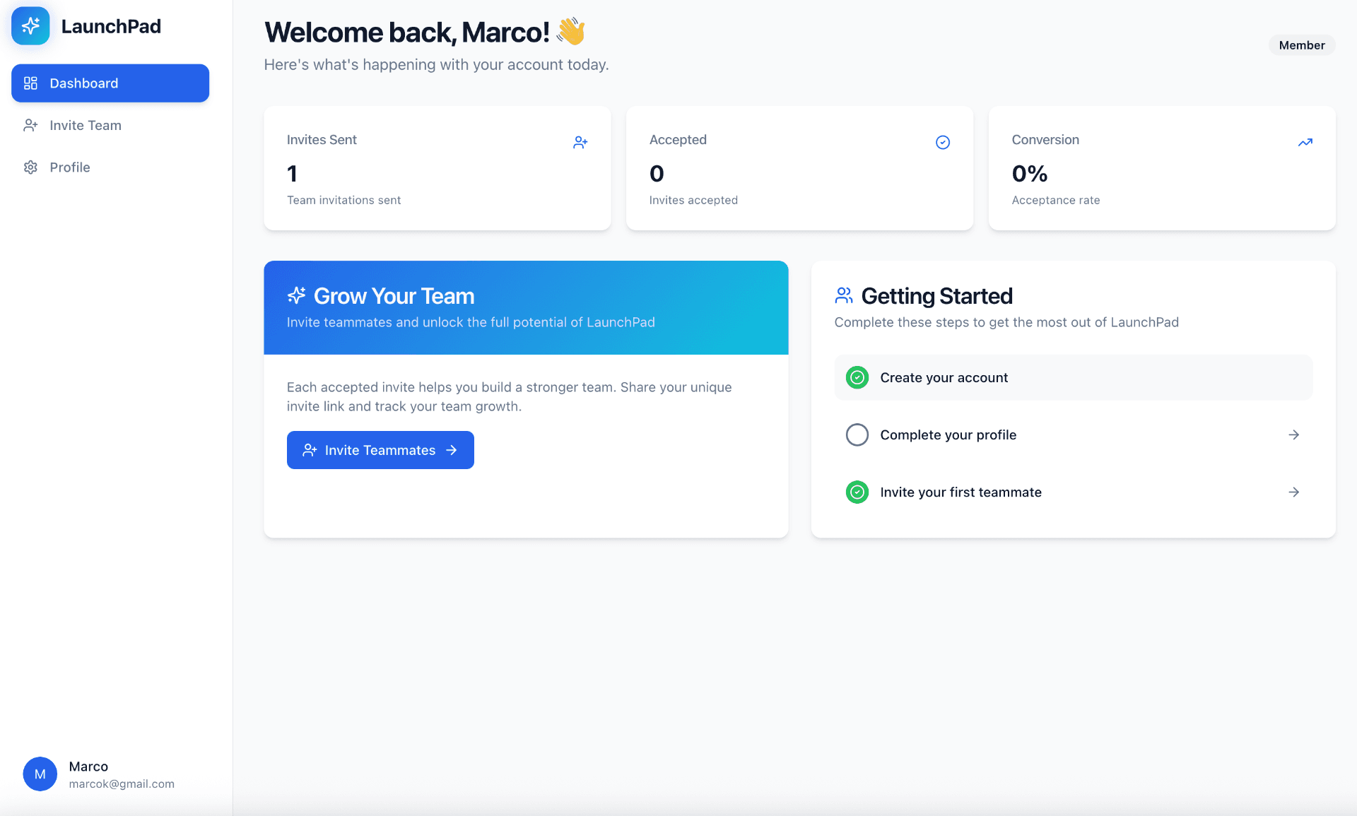 Polished dashboard with branding, gradient accents, and engaging UI elements