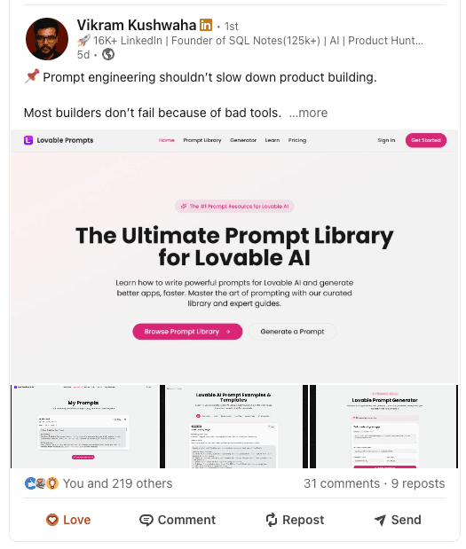 LinkedIn post about Lovable Prompts