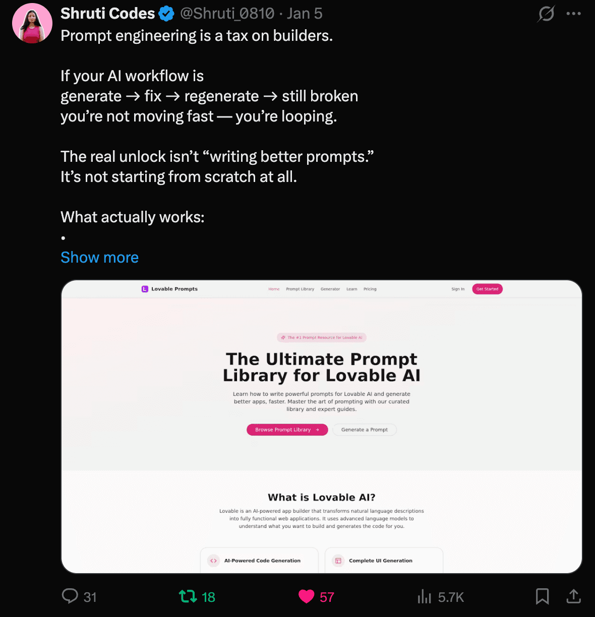 X post about Lovable Prompts