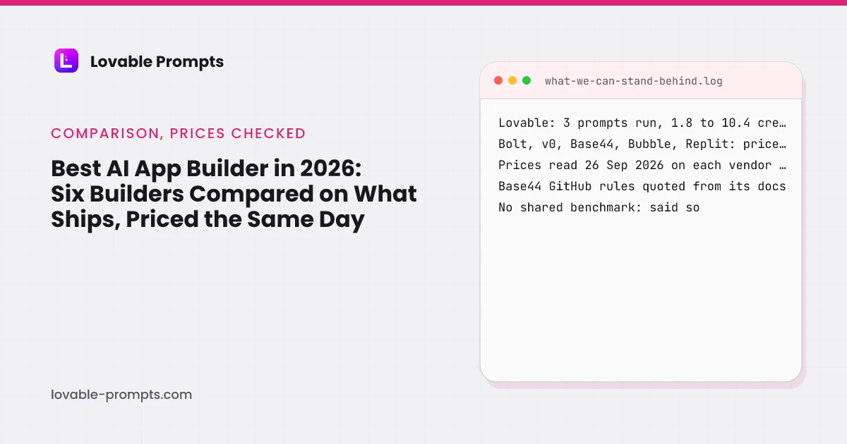 Best AI app builder hero: the guide title beside a log card stating what the page can stand behind, three Lovable prompts run with credits and screenshots, prices and meters only for Bolt, v0, Base44, Bubble and Replit, prices read 26 September 2026, no shared benchmark