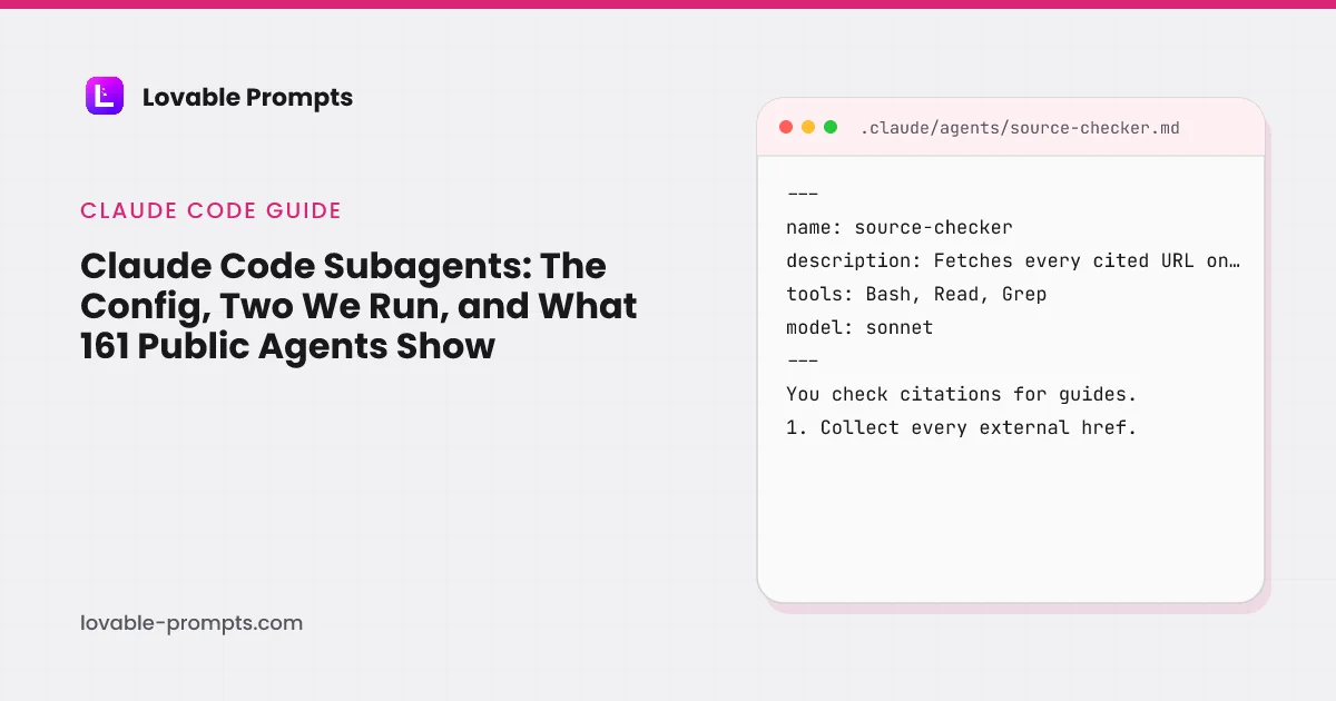 Claude Code subagents hero: the guide title beside an editor card showing a .claude/agents/source-checker.md file with name, description, tools and model frontmatter and the start of its system prompt