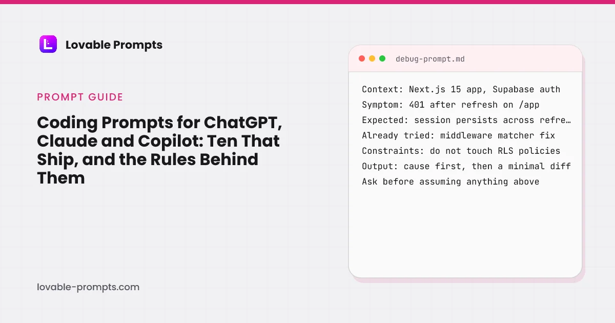 Coding prompts hero: the guide title beside a debug-prompt card listing context, symptom, expected behaviour, what was already tried, constraints, output order, and a line asking the model to ask before assuming