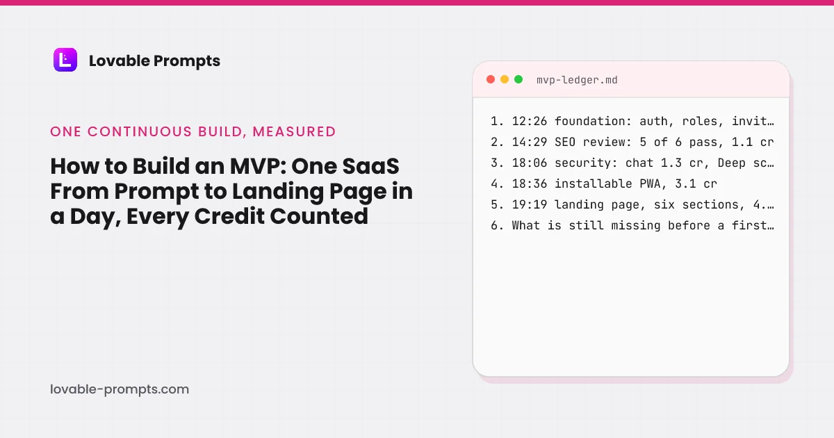 How to build an MVP hero: the title beside a ledger card, 12:26 foundation with auth, roles and invites at 10.4 credits, 14:29 SEO review 5 of 6 passing at 1.1, 18:06 security chat 1.3 with the Deep scan free, 18:36 installable PWA 3.1, 19:19 landing page six sections 4.5, what is still missing before a first user