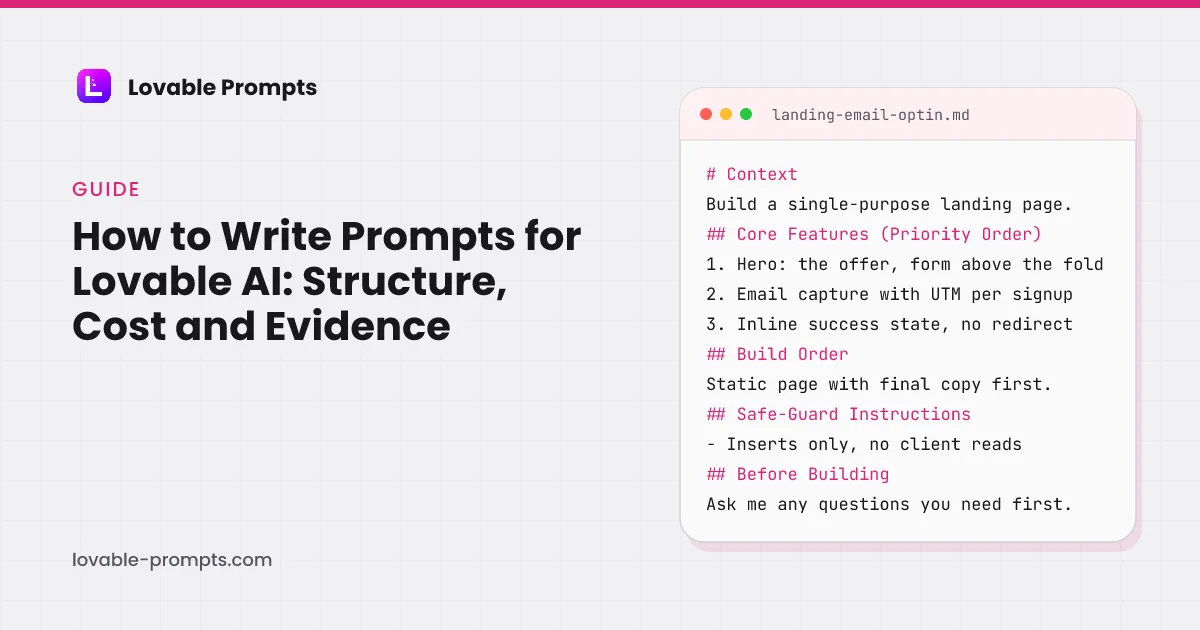 How to Write Prompts for Lovable AI hero: the guide title beside a prompt card showing the Context, Core Features, Build Order, Safe-Guard and Before Building sections of the email opt-in landing page prompt