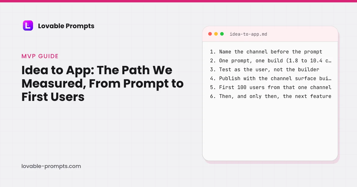 Idea to app hero: the guide title beside a checklist card with six steps, name the channel before the prompt, one prompt one build, test as the user, publish with the channel surface built in, first 100 users from one channel, then the next feature
