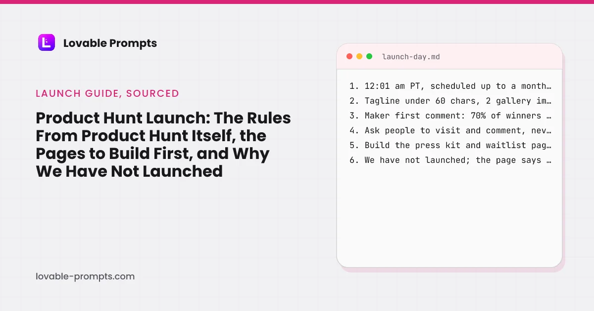 Product Hunt launch hero: the title beside a launch-day card, 12:01 am PT scheduled up to a month ahead, tagline under 60 characters and two gallery images, maker first comment which 70% of winners had, ask people to visit and comment never upvote, build the press kit and waitlist pages first, we have not launched and the page says so