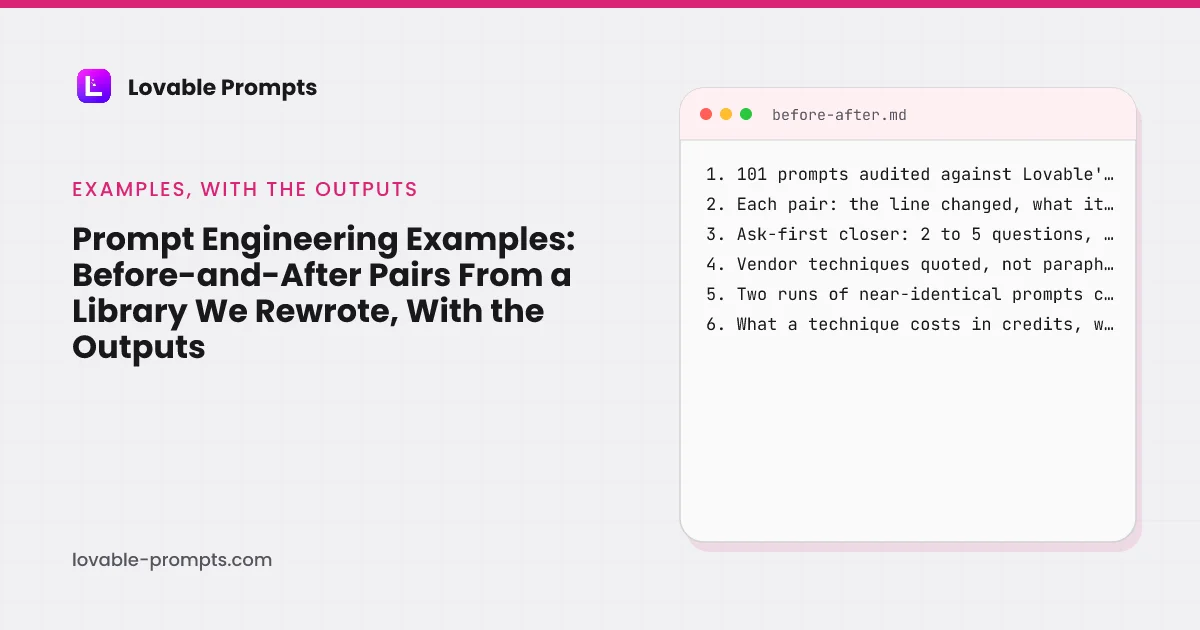 Prompt engineering examples hero: the title beside a card, 101 prompts audited against Lovable's rules, each pair shows the line changed and what it changed, the ask-first closer measured at 2 to 5 questions, vendor techniques quoted not paraphrased, two runs of near-identical prompts compared, what a technique costs in credits where known