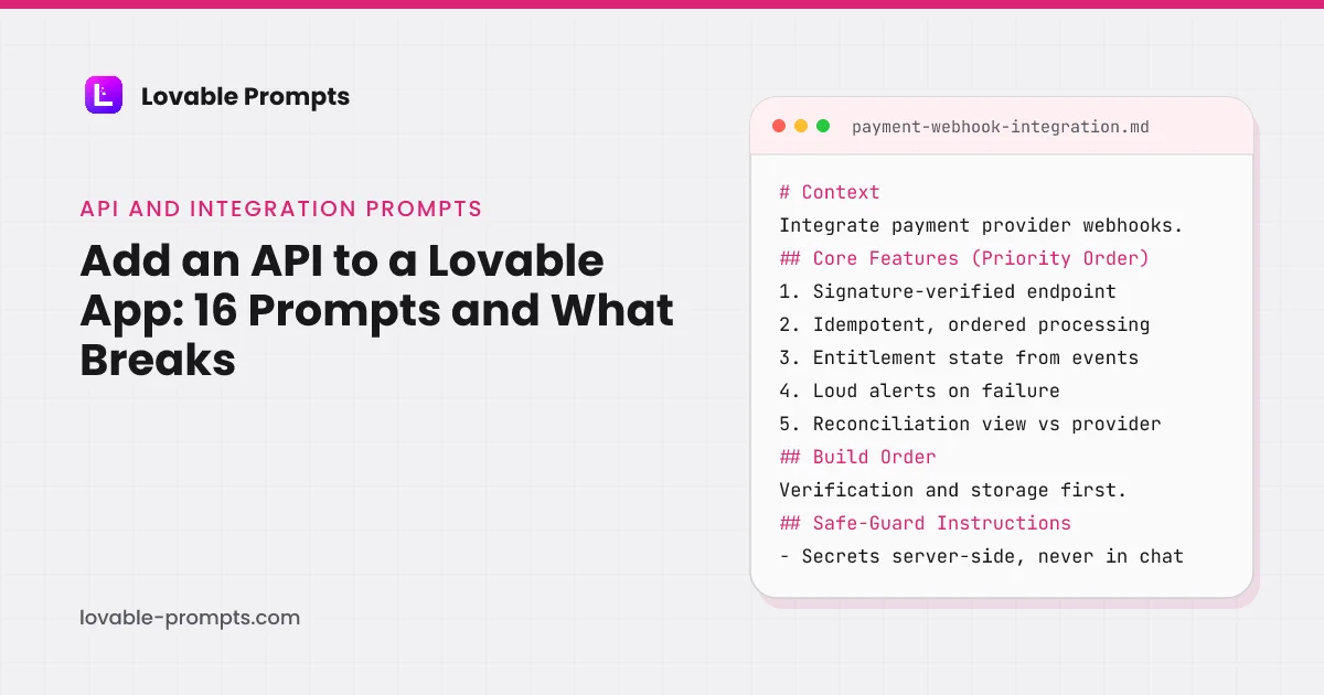 Add an API to a Lovable app page hero: the title beside a prompt card showing the Context, Core Features, Event Truth and Idempotency, Build Order and Safe-Guard sections of the Payment Provider Webhook Integration prompt