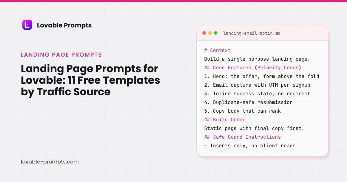 Landing page prompts for Lovable page hero: the title beside a prompt card showing the Context, Core Features, Build Order and Safe-Guard sections of the Landing Page + Email Opt-In prompt