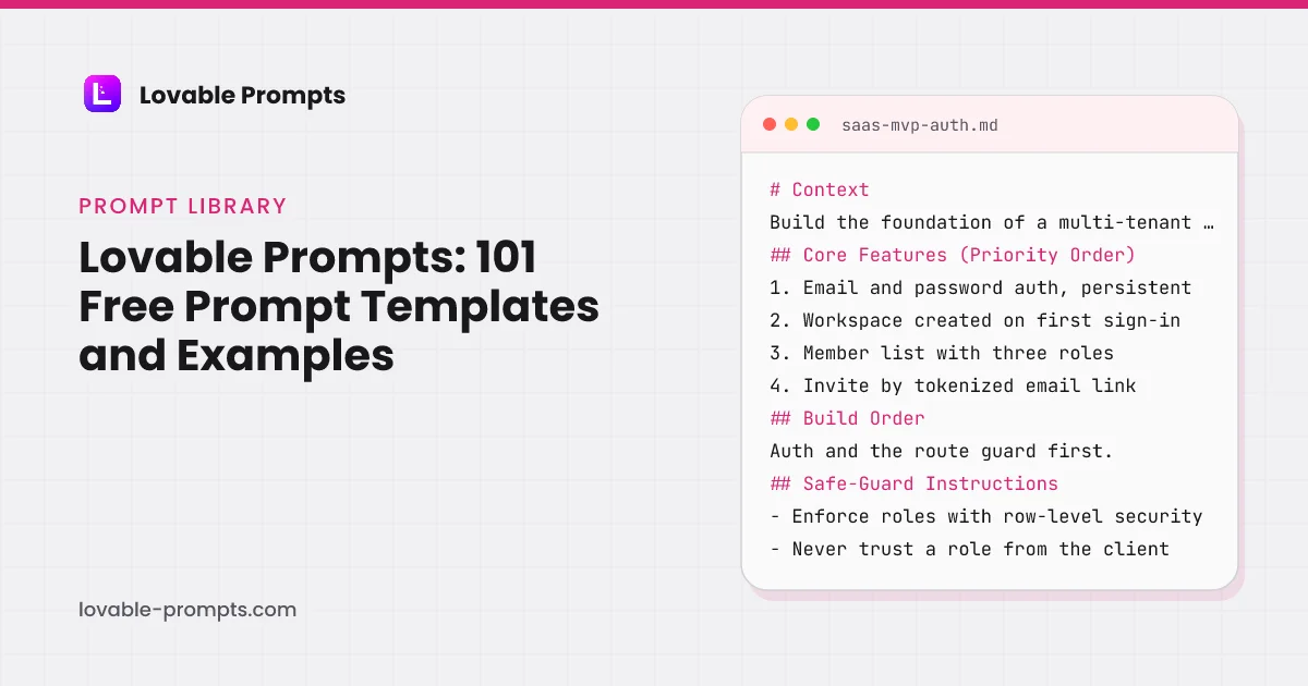 Lovable Prompts library hero: the title next to a prompt card showing the Context, Core Features, Build Order and Safe-Guard sections of the SaaS MVP with user auth prompt