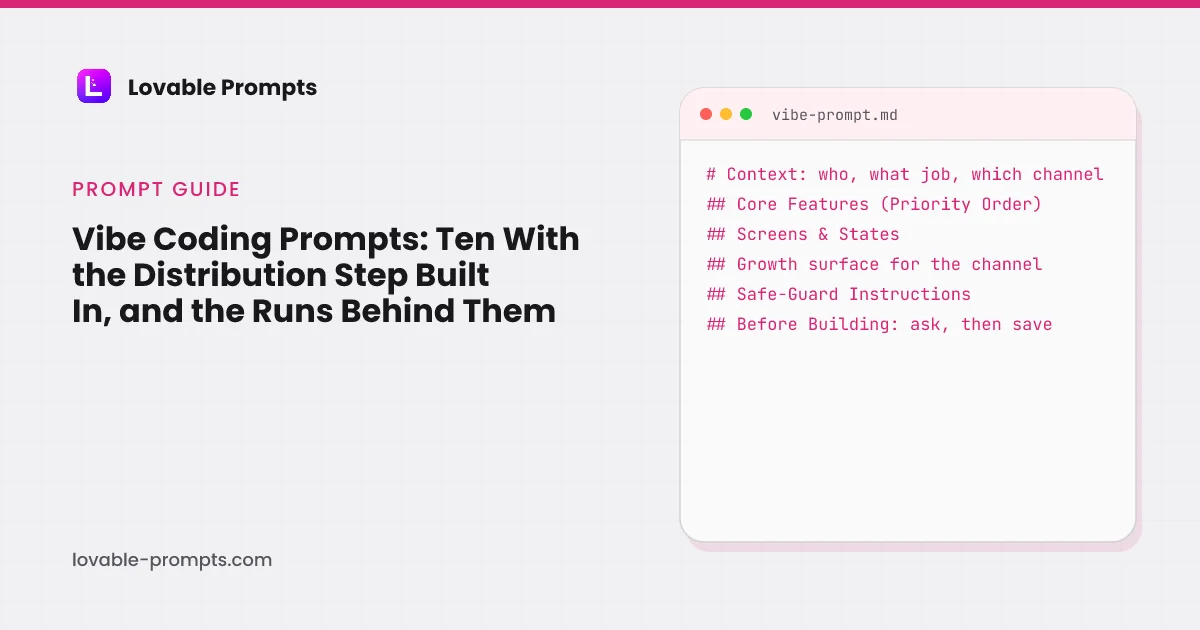 Vibe coding prompts hero: the guide title beside a prompt card showing the skeleton, context with who and which channel, core features, screens and states, the growth surface for the channel, safeguards, and a closing ask-then-save line
