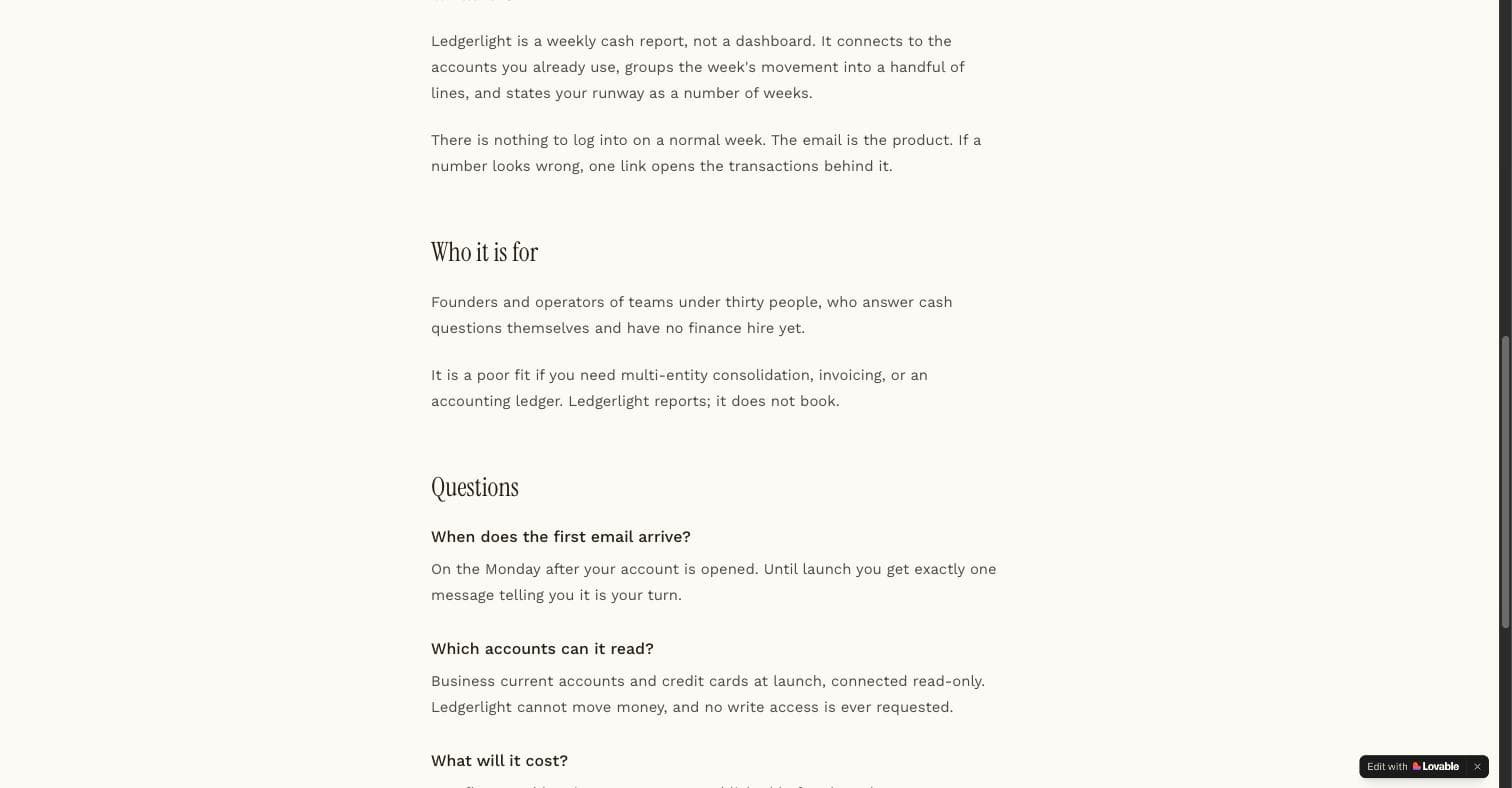 Lovable preview of the same page below the fold: a what-it-is section, a who-it-is-for section and three FAQ entries in a single narrow column