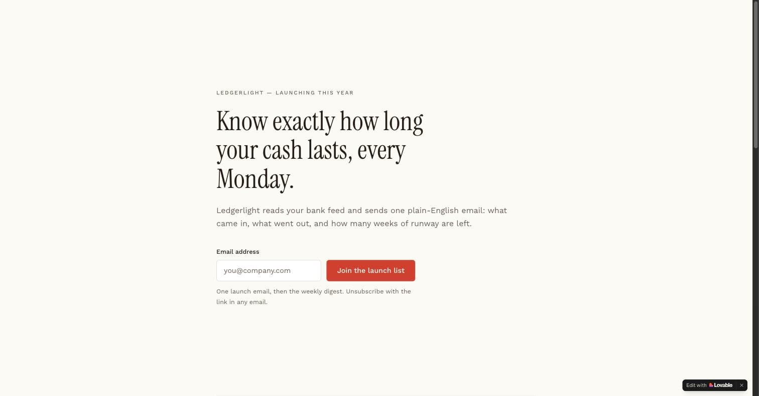 The landing page Lovable generated from the prompt: a hero with the offer in one sentence, an email form above the fold, and consent text under the submit button