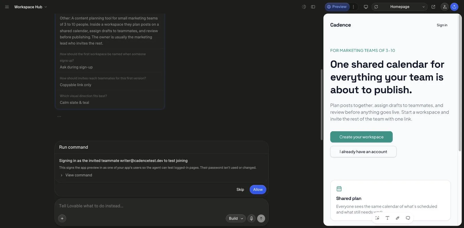 Lovable asking for approval to run its own end-to-end test of the invite flow during the SaaS foundation build