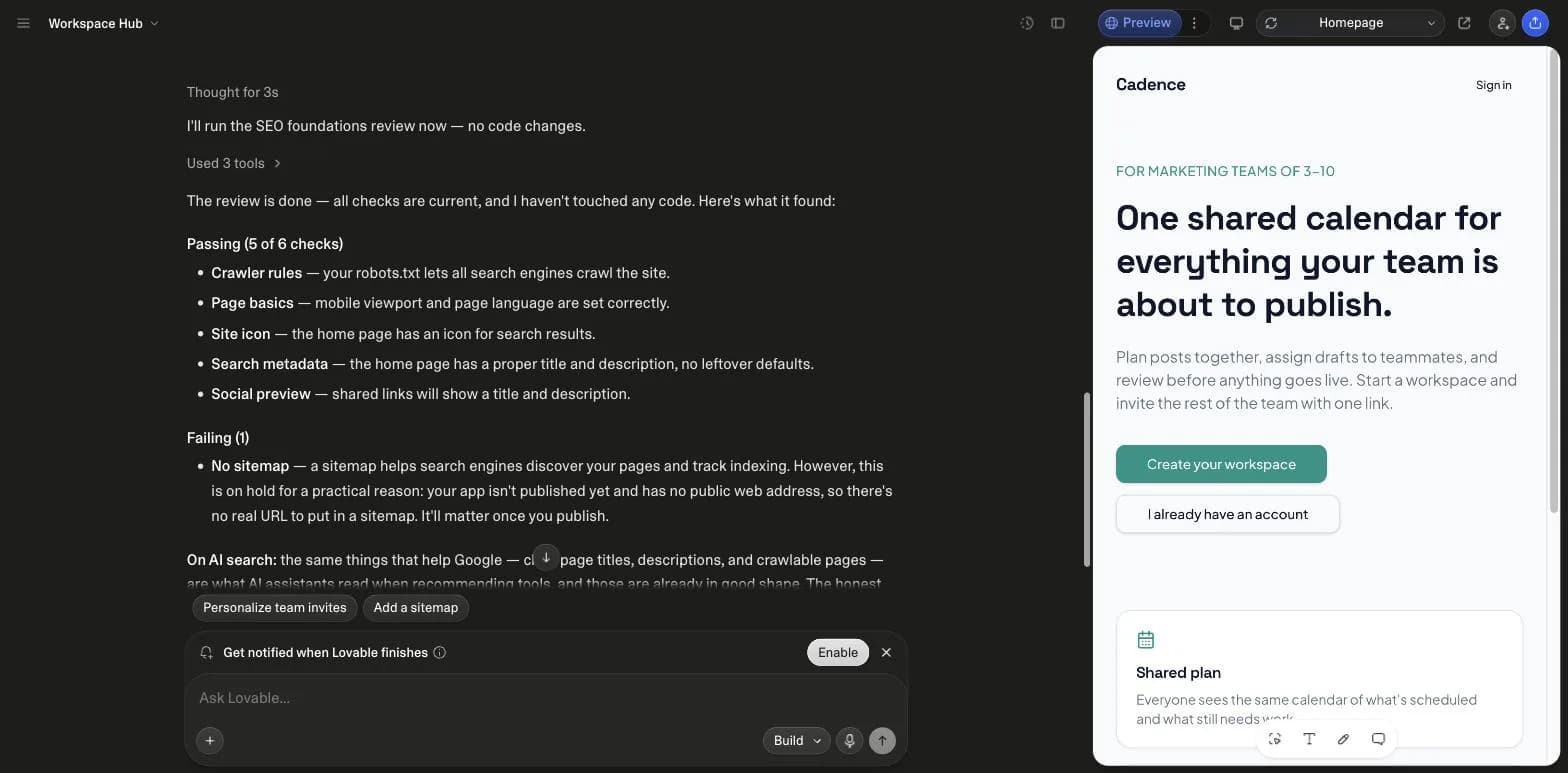 Lovable's chat after asking for an SEO and AI search review of an unpublished SaaS project: the findings list with per-item fix buttons beside the app preview