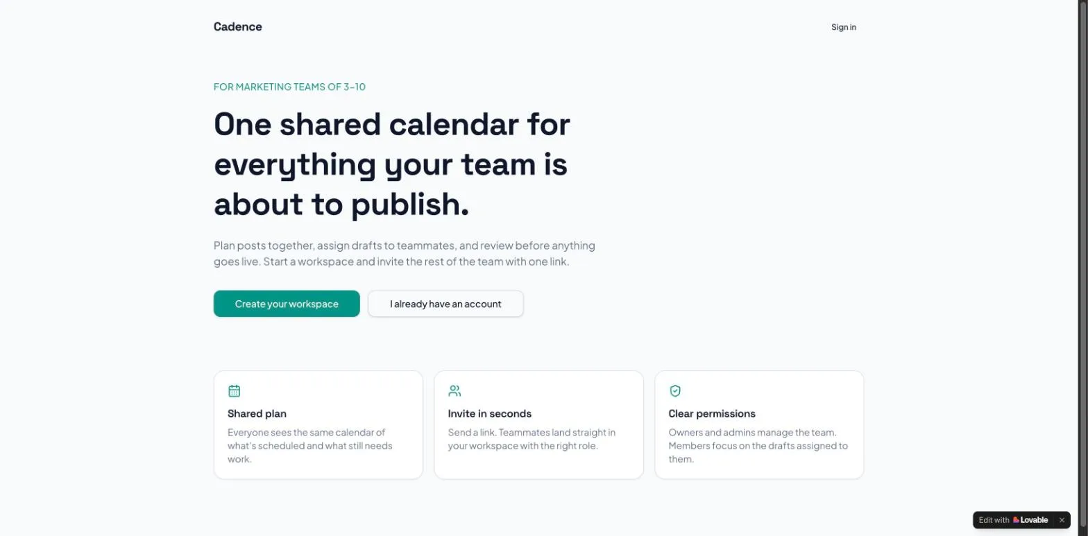 The Cadence SaaS foundation in Lovable's preview after the build