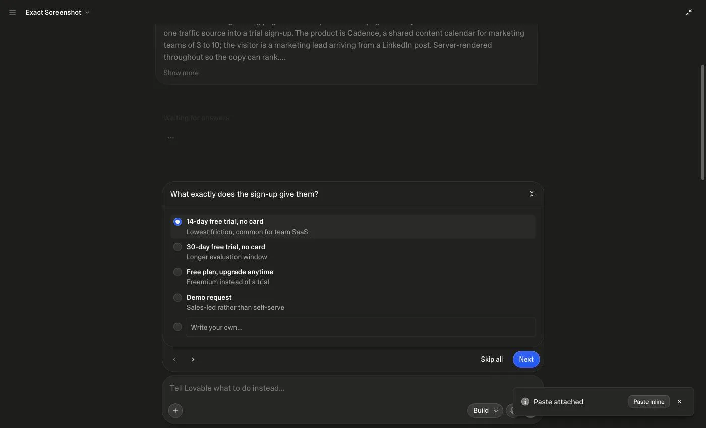Lovable's chat after the SaaS landing page prompt: the questions it asked before building, with the answer options