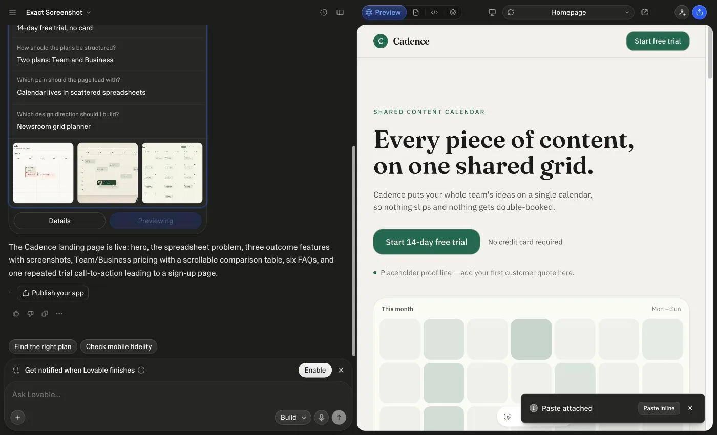 Lovable's chat after the build: the four answers, three generated screenshot placeholders, and the summary that the Cadence landing page is live, beside the preview's hero