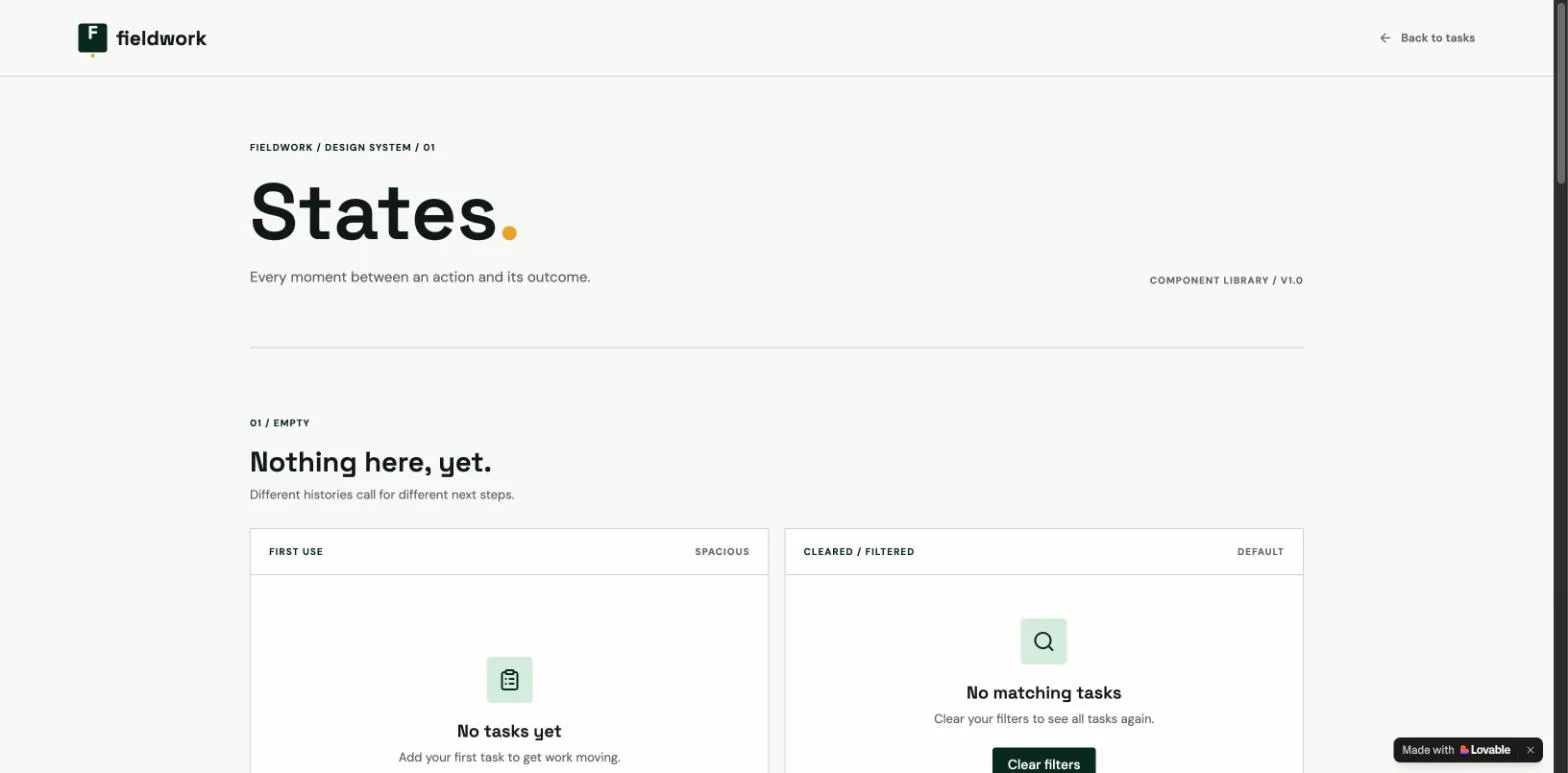 The generated states gallery page in Lovable's preview: a States heading, then an Empty section with first-use and cleared cards, each naming the action that fills it